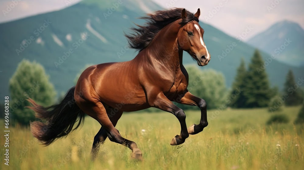 Obraz premium The bay horse gallops on the grass