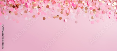 Pink festive flat lay with confetti and sparkles Vertical photo