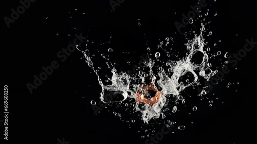 Soda water bubbles splashing underwater against black background.