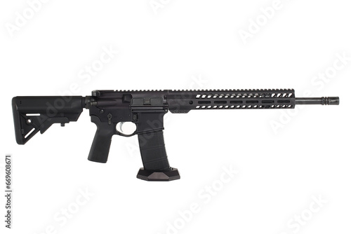 AR15 carbine, modern automatic black rifle isolated on white background. Weapons for police, special forces and the army.