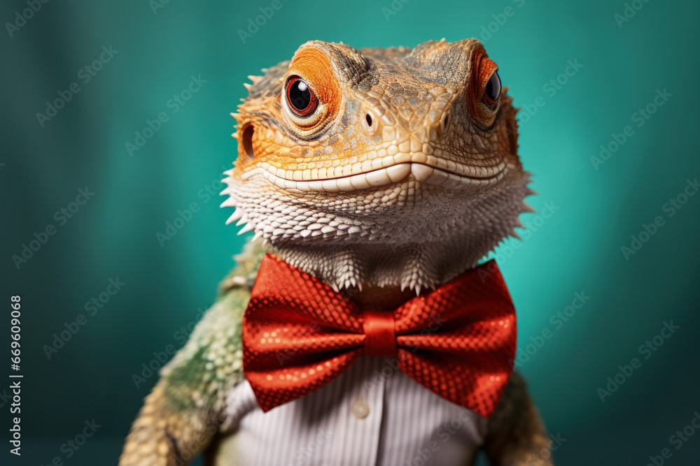 New Years Bearded Dragon lizard donning a festive bow tie isolated on a gradient background 