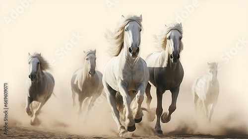 Horses with long mane portrait run gallop in desert