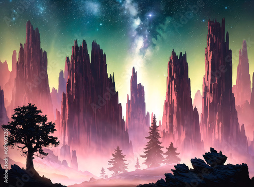 Fantasy landscape with mountains, trees and nebula in the sky © Anton Dios