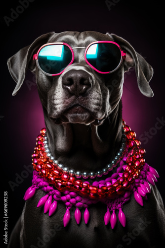 New Years Great Dane in jester collar neon glasses background with empty space for text  © fotogurmespb