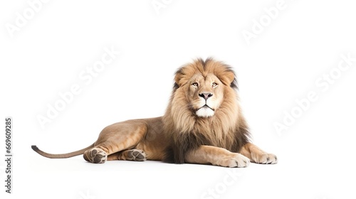 Male adult lion lying down Panthera leo isolated on white background