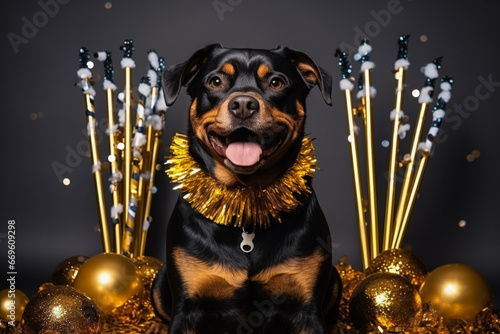 New Years Rottweiler dog holding a gold and glitter party cracker isolated on a white background 