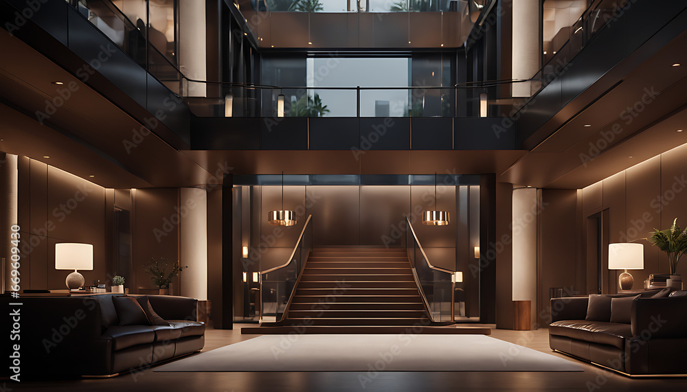  large open space with a staircase leading to the second floor, rendering of an office's interior and workspace.  