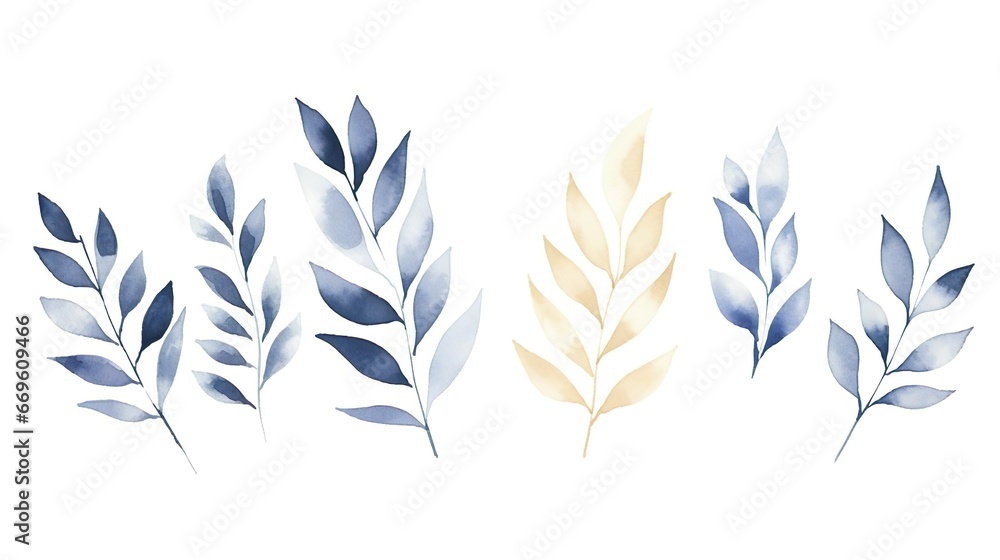 Set of golden and blue tree leaves on white background Set of golden and blue tree leaves on white background