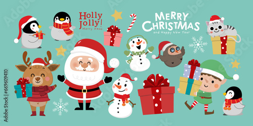 Santa Claus, deer, snowman, owl, penguin, elf, cat and xmas gift. Animal in winter costume and Christmas cartoon character. -Vector © Dusida