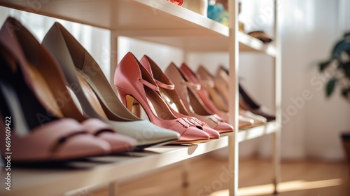 Women shoes on shelving unit in store. photo