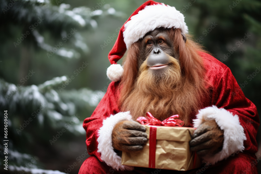 Orangutan in Santa suit joyfully holds Christmas present with festive cheer Orangutan in Santa suit joyfully holds Christmas present with festive cheer