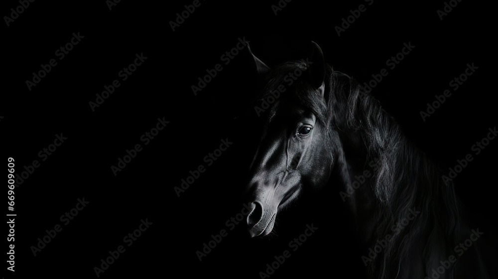 Portrait of a beautiful black horse on a black background