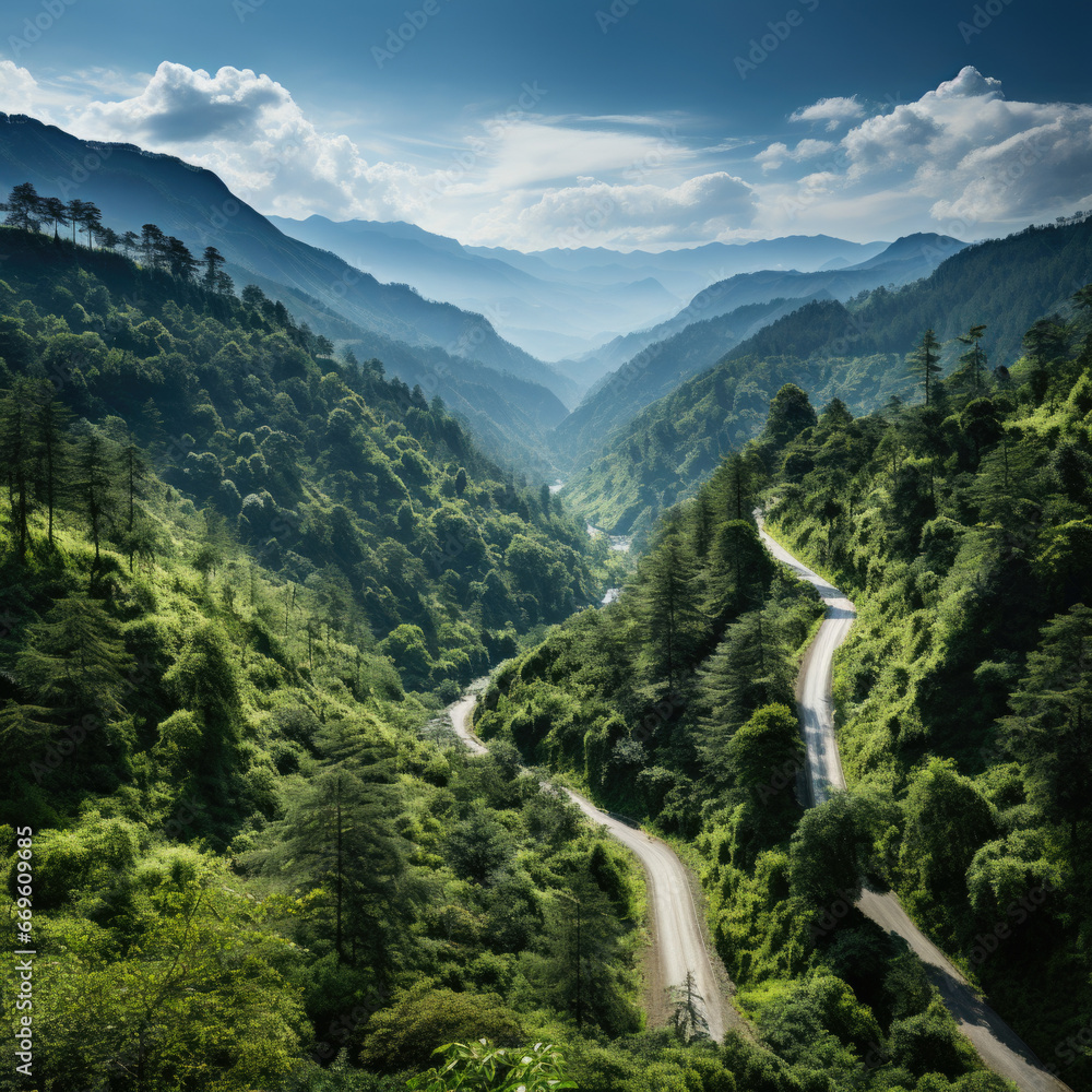 Aerial view of countryside road passing through the green forest and mountain.
