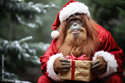 Orangutan in Santa suit joyfully holds Christmas present with festive cheer  © fotogurmespb
