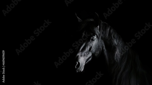 Portrait of a beautiful black horse on a black background