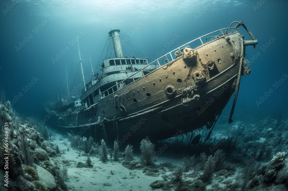 a sunken ship at the bottom of the sea, in the ocean depths. a sunken ship at the bottom of the sea, in the ocean depths.