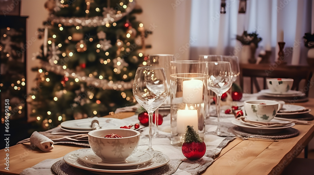 Elegant Table Set for Christmas Feast, Enhanced by Candles and Christmas Trees, Creating a Joyful and Pleasant Christmas Atmosphere. HQ 4K Elegant Table Set for Christmas Feast, Enhanced by Candles and Christmas Trees, Creating a Joyful and Pleasant Christmas Atmosphere. HQ 4K