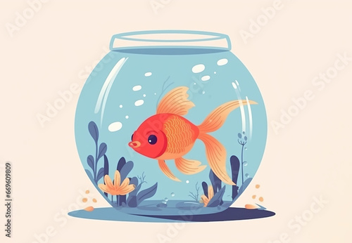 Cartoon illustration of a glass aquarium with fish on a white background