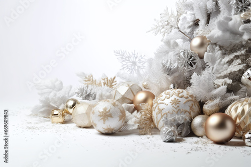 Christmas branch with balls, confetti and on white background