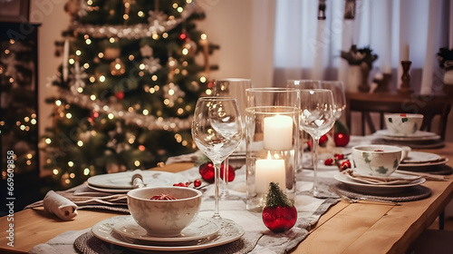 Elegant Table Set for Christmas Feast, Enhanced by Candles and Christmas Trees, Creating a Joyful and Pleasant Christmas Atmosphere. HQ 4K