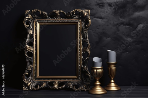 Black frame on a black shelf with Halloween decor. Portrait frame on a black wall background. Copy space.