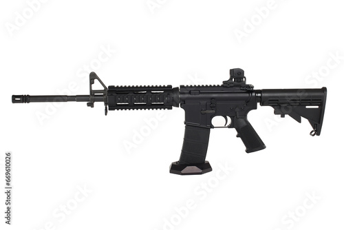 AR15 carbine, modern automatic black rifle isolated on white background. Weapons for police, special forces and the army.