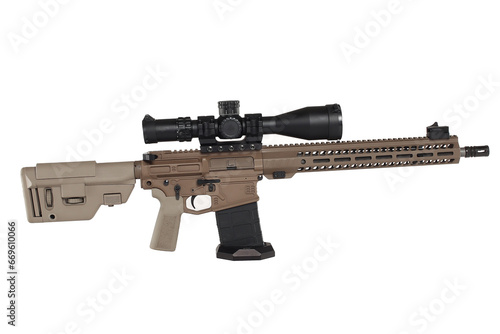 AR10 carbine, modern automatic black rifle isolated on white background. Weapons for police, special forces and the army.
