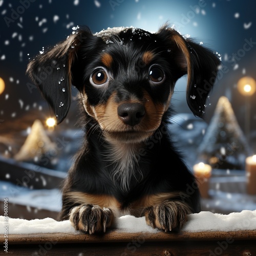 dachshund puppy with christmas background