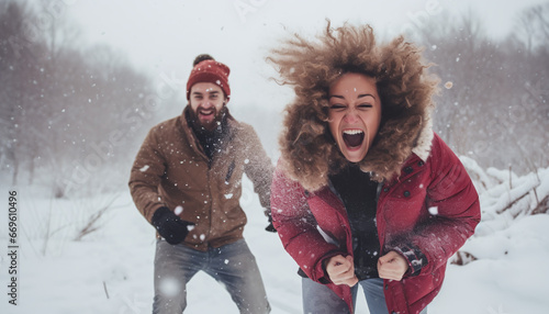 Young couple in snowball fight