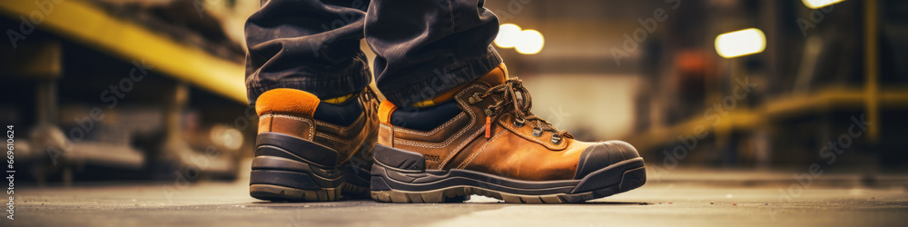 Close-up safety working shoe on a worker feet is standing at the factory, ready for working in danger workplace concept. Industrial working scene and safety equipment. - obrazy, fototapety, plakaty 