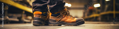Close-up safety working shoe on a worker feet is standing at the factory, ready for working in danger workplace concept. Industrial working scene and safety equipment. photo