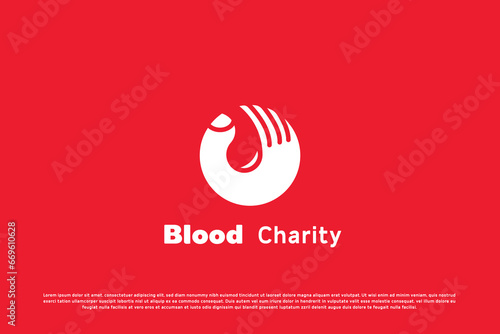 Blood donation logo design illustration. Hand silhouette fluid drop blood transfusion medical emergency aid bleeding charity help disease healthy art. Flat modern simple minimalist icon concept.