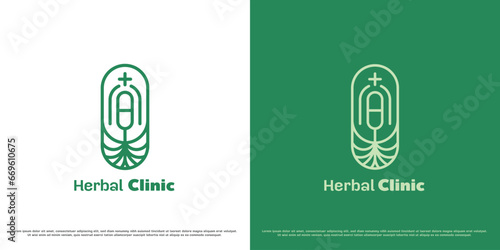 Herbal clinic logo design illustration. Silhouette of a pill, a destination for a pharmacy shop for herbal health medicine elixir extract natural plants. Minimalist line art simple flat icon concept.