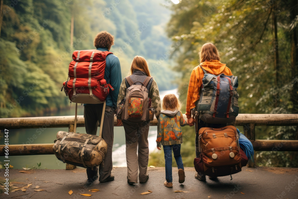 Sustainable travel. Nature-loving family traveling together in the mountains.