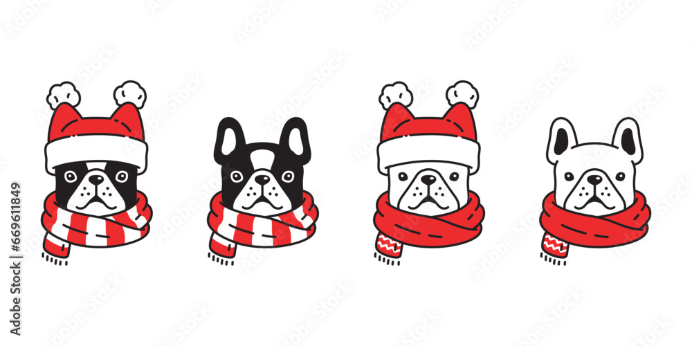dog vector french bulldog christmas scarf icon striped santa claus hat ...