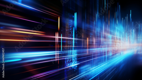 Abstract graphics of digital data streams representing high-speed internet connectivity, business technology background, blurred background, with copy space