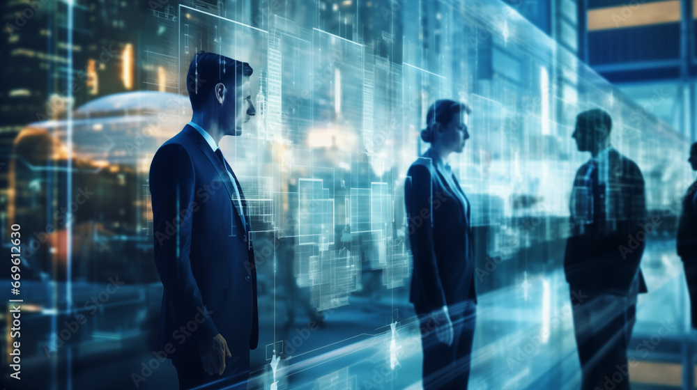 Corporate professionals using digital twins for real-time simulation, business technology background, blurred background, with copy space Corporate professionals using digital twins for real-time simulation, business technology background, blurred background, with copy space