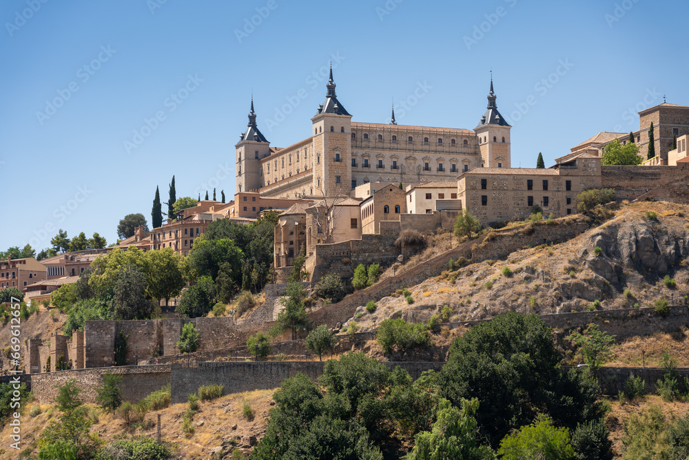 Alcázar of Toledo on top of a hill, former fortification and currently an army museum. Toledo. Spain. July 29, 2023.