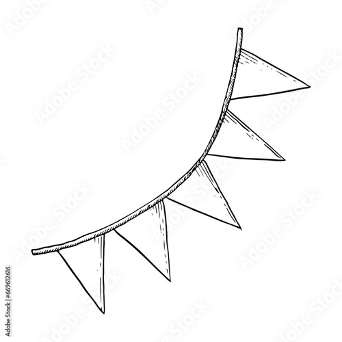 Vector festive flags in paper garland simple black and white graphic illustration for party and holiday celebration