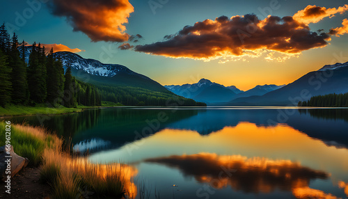 vivid sunset over a placid lake, the water glistening with colourful reflections, sunrise over the mountains and lake