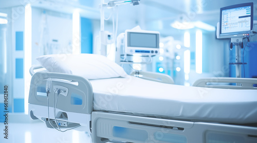 Smart beds and equipment in a high-tech ICU ward, health tech background, blurred background, with copy space