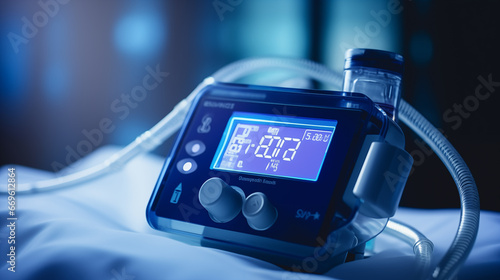 Advanced respiratory tech devices for asthma and sleep apnea, health tech background, blurred background, with copy space photo