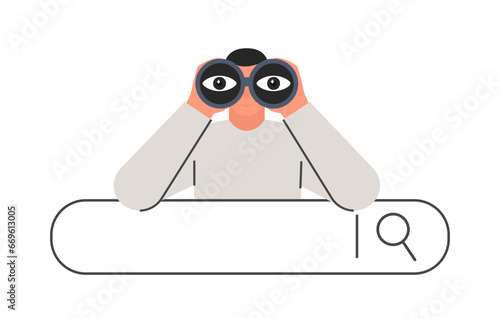 Curious man character looking through binoculars on search bar. Concept of web searching. Flat vector illustration isolated on white background.