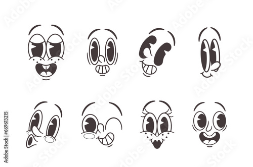 Classic Retro Emoji Black And White Set Captures The Essence Of Vintage Emoticons. Simple Cartoon Characters