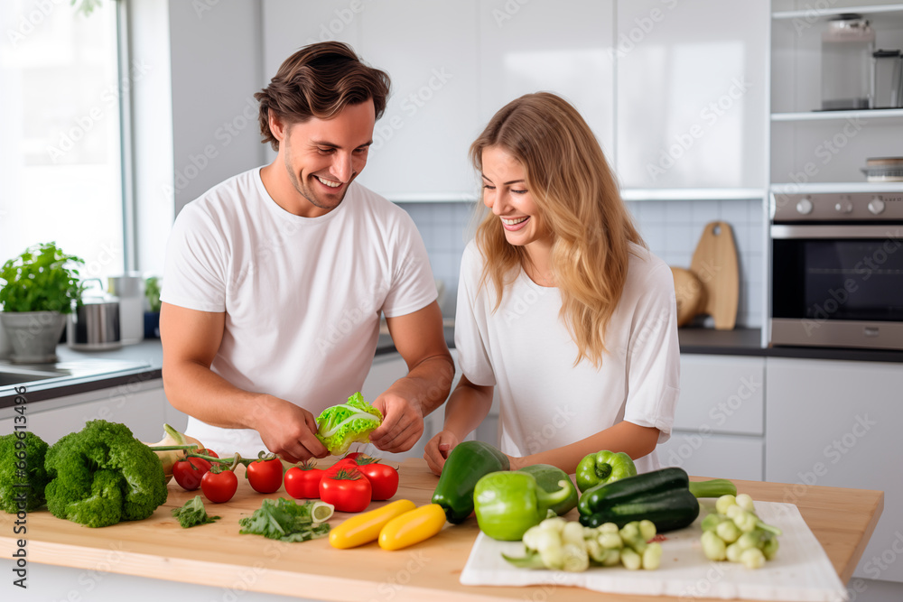 Young couple cheerfully preparing vegetable recipe Young couple cheerfully preparing vegetable recipe