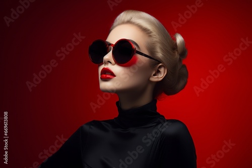 woman with sunglasses posing against a red background