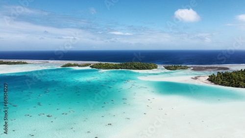 Aerial view of the stunning blue lagoon at Rangiroa Atoll  French Polynesia © Simon