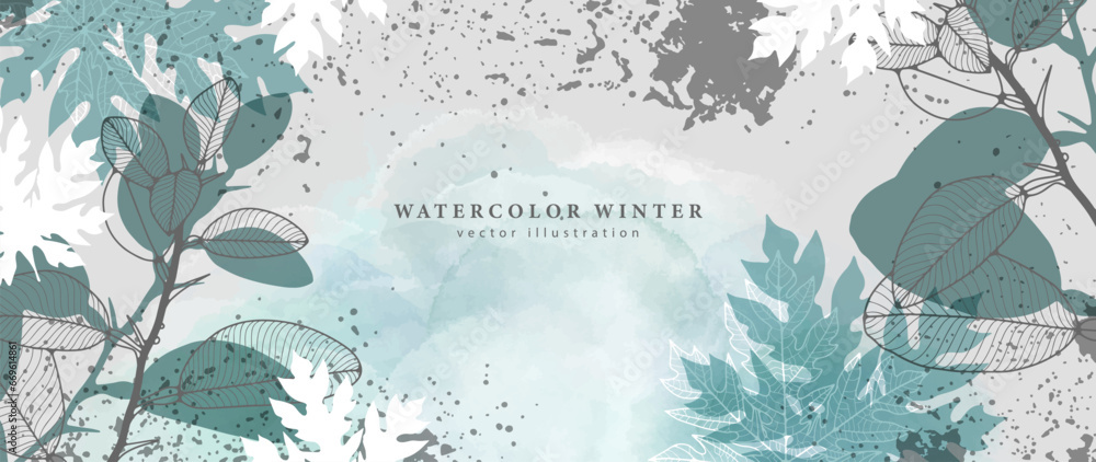 Watercolor winter background with unusual leaves and splashes. Vector ...