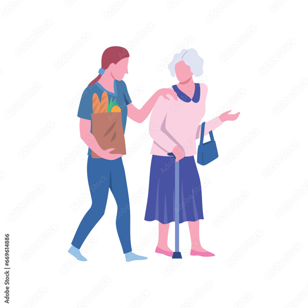 Cartoon Color Characters Nurse Taking Care of Grandmother Social Service Concept Flat Design Style. Vector illustration of Bag of Food Giving