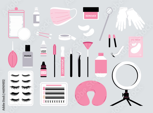 Eyelash extension tools set isolated on gray background. Collection of items for lashmaker. Flat vector illustration.